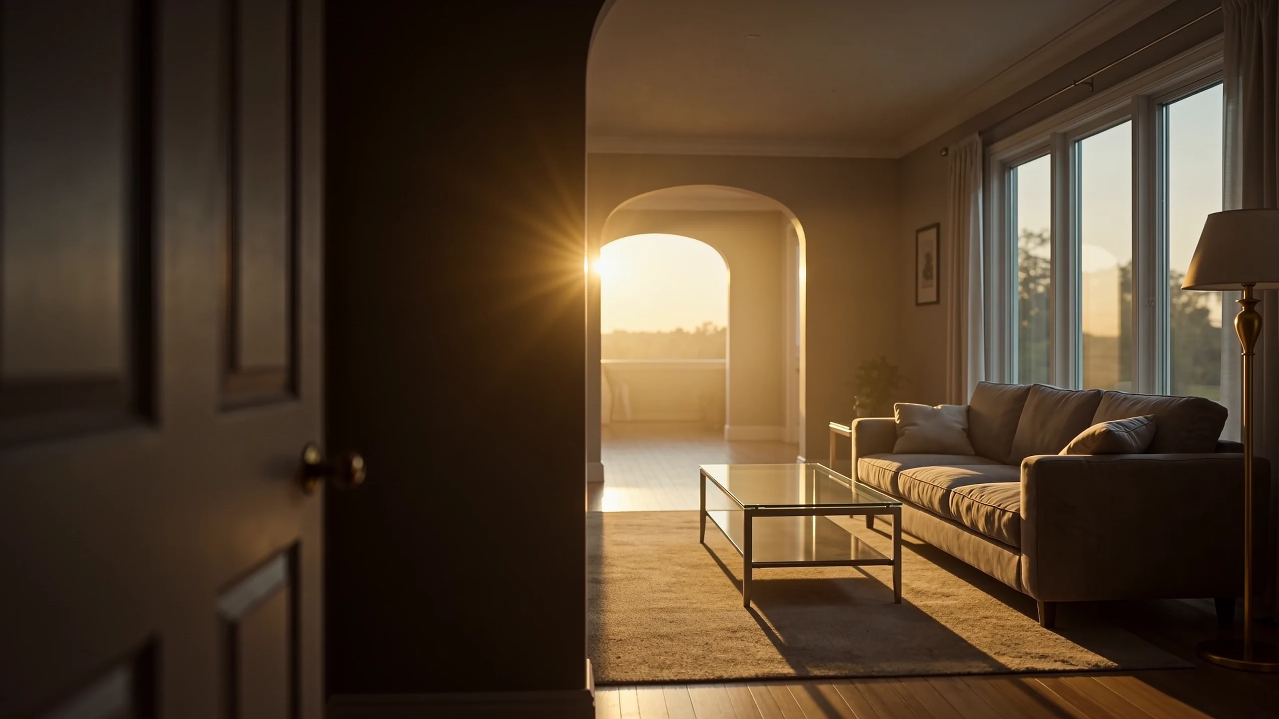 The same living room after cleaning — spotless in morning light